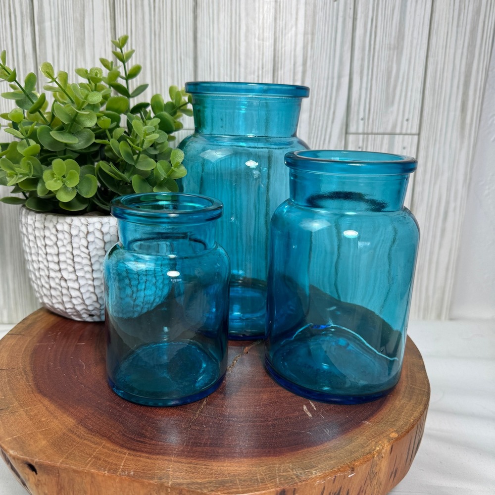 Vintage Turquoise Blue Glass Apothecary Jars Set of 3 Made in Belgium